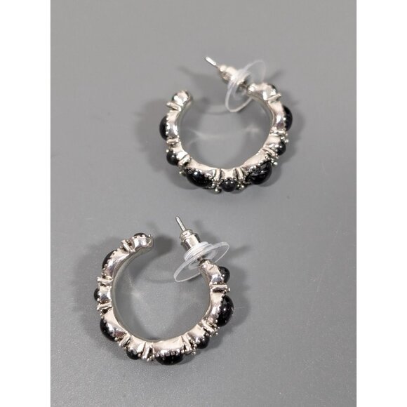 Chaps Black Cabochon Silver Tone Hoop Pierced Earrings Western Boho - Picture 5 of 12